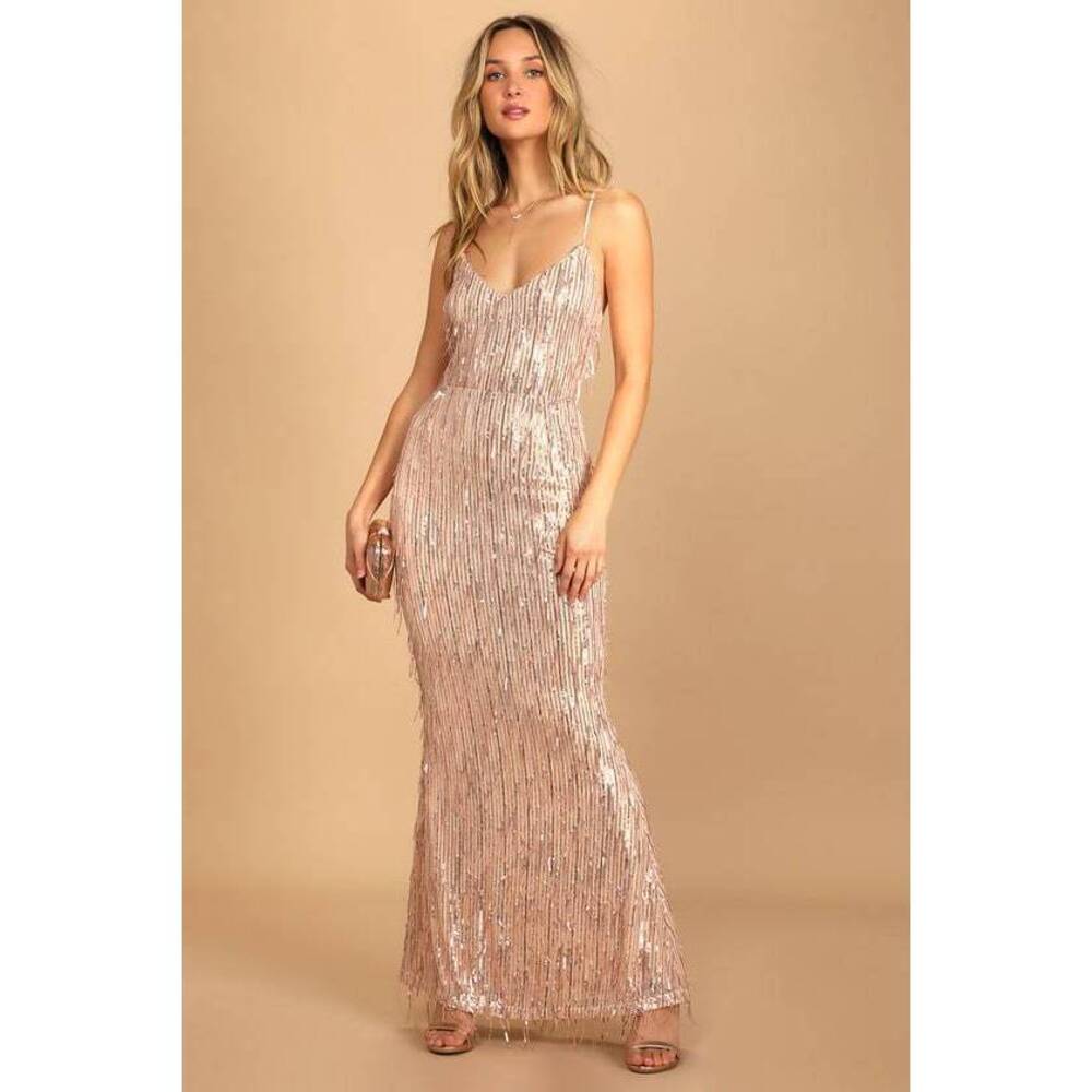 Brand New Lulus Endless Rose Gold Sequin Fringe Lace-up Maxi Dress Pink